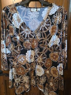 Cato Floral V-Neck Blouse | Boho Chic Brown & Cream Tunic Top | Size 18/20